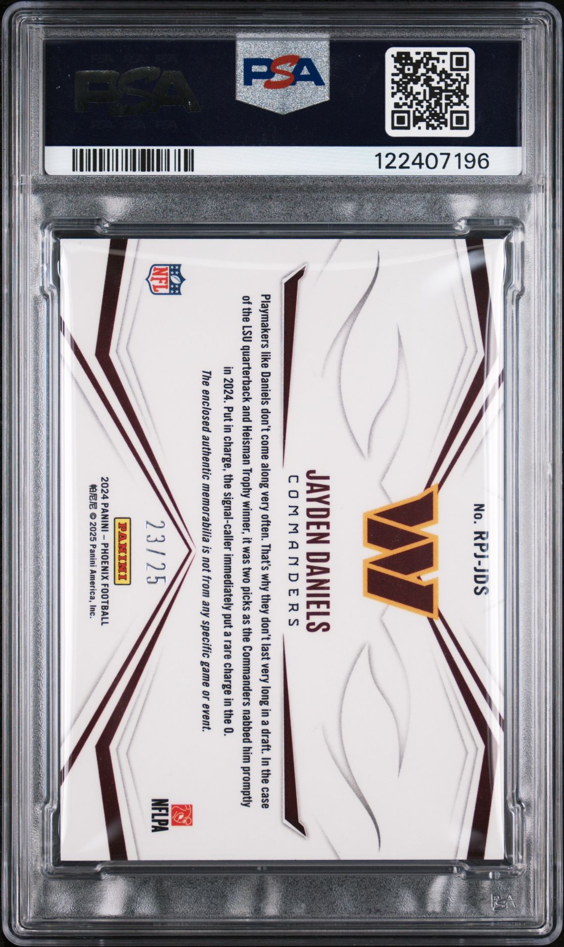 2024 Panini Phoenix Rookie Phenom Jersey Jayden Daniels #Rpjjds (Rookie Phenom Jersey-Green) Mint 9 back