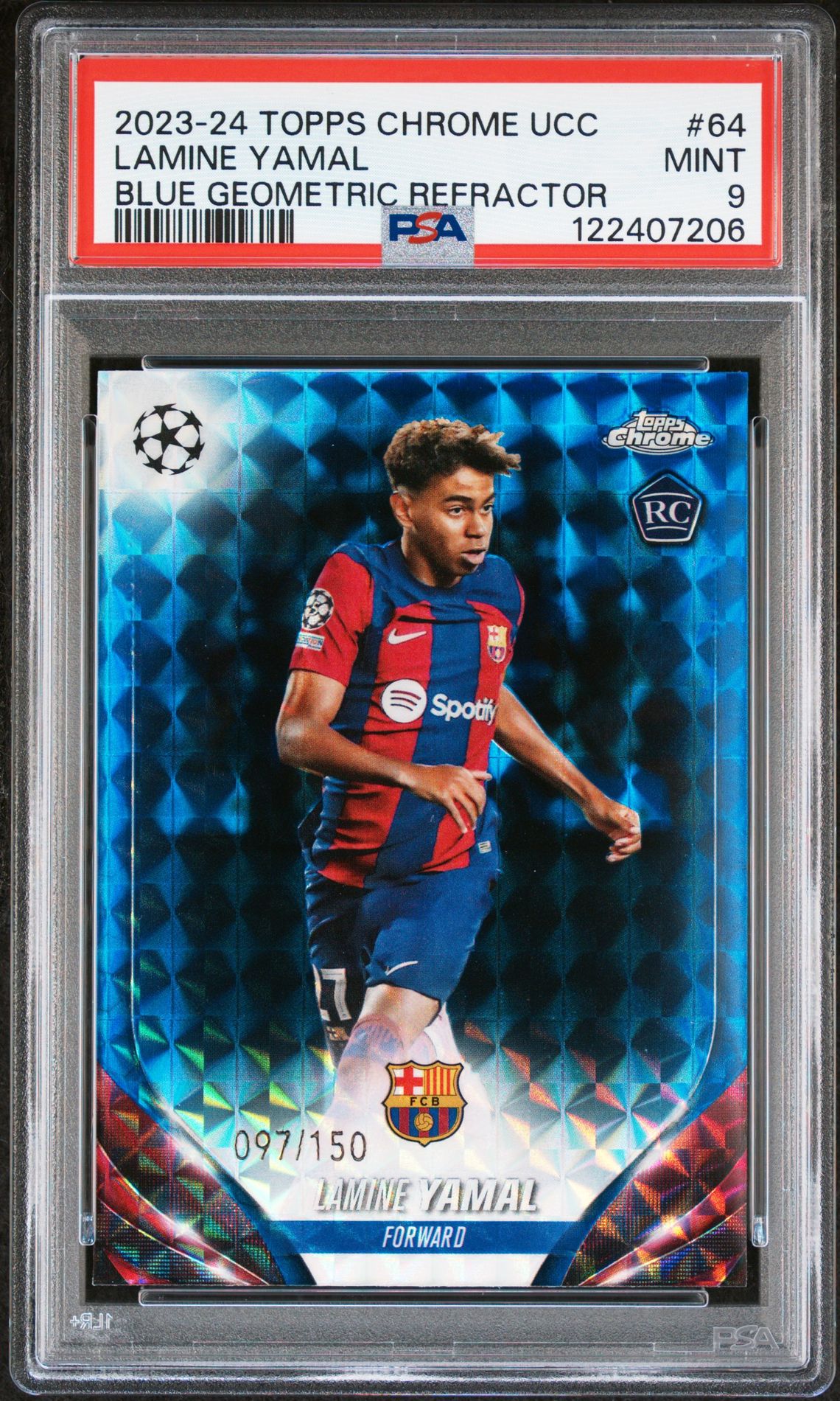 2023-24 Topps Chrome Uefa Club Competitions Lamine Yamal #64 (Blue Geometric Refractor) Mint 9 front