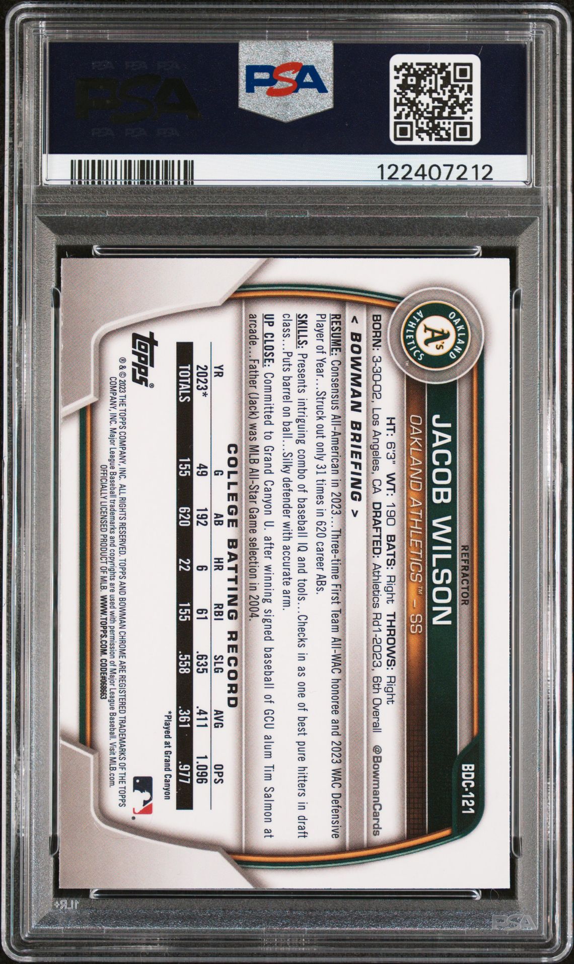 2023 Bowman Draft Jacob Wilson #Bdc121 (Chrome-Refractor) Gem Mt 10 back