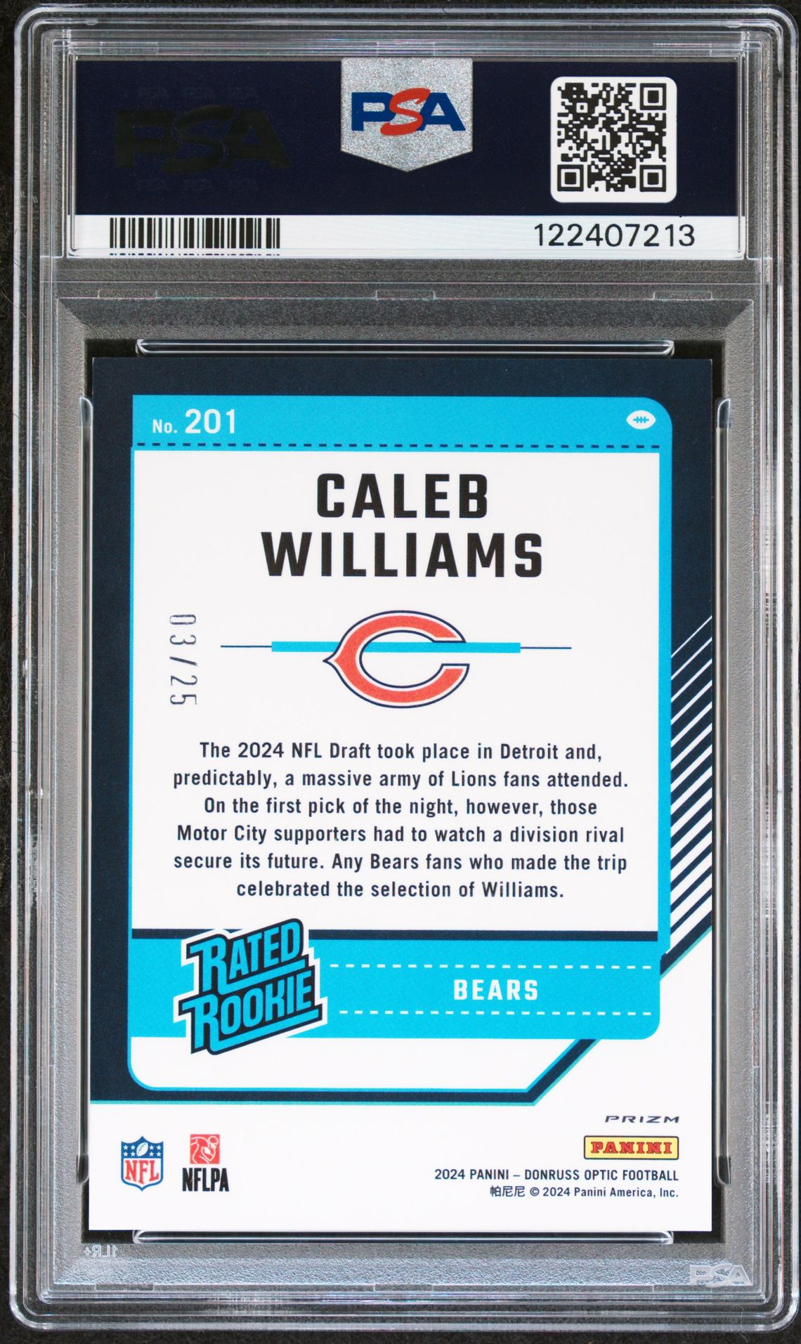 2024 Panini Donruss Optic Caleb Williams #201 (Black Pandora) Mint 9 back