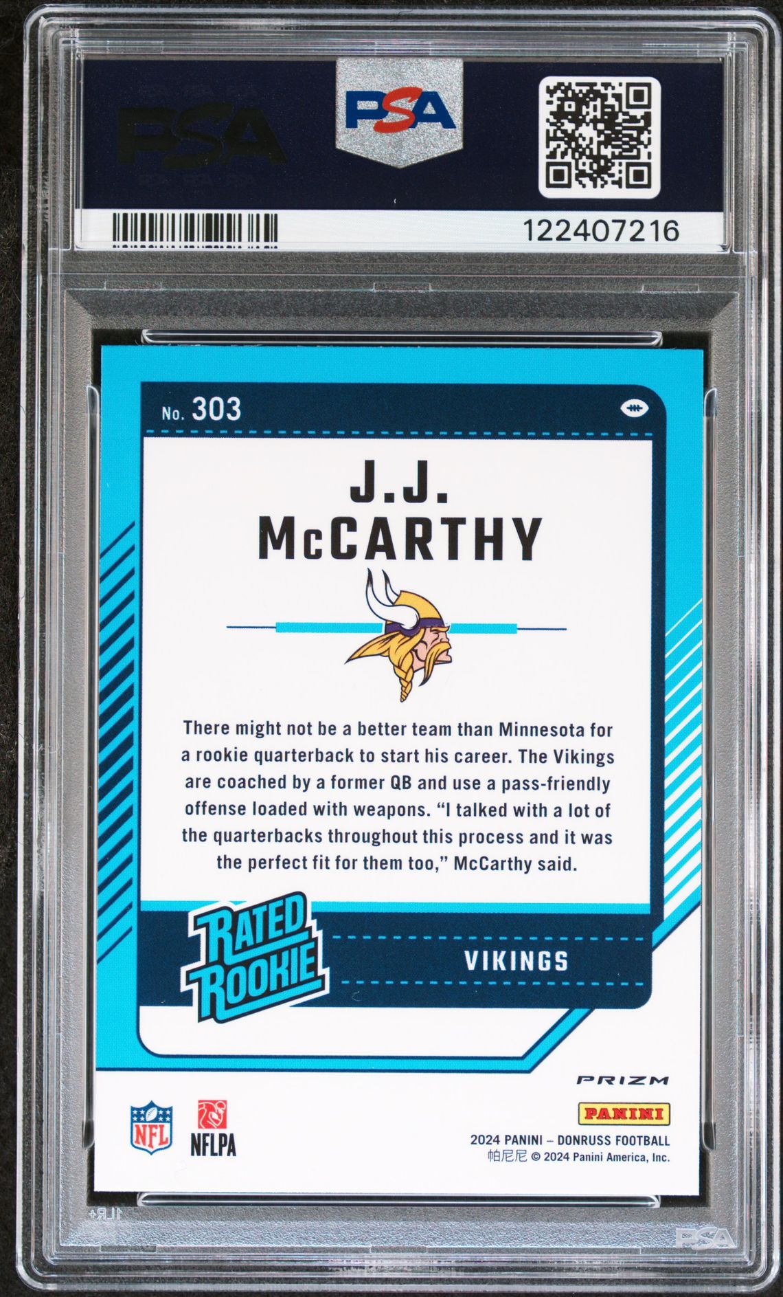 2024 Panini Donruss Jj Mccarthy #303 (Optic Preview-Red Wave) Gem Mt 10 back
