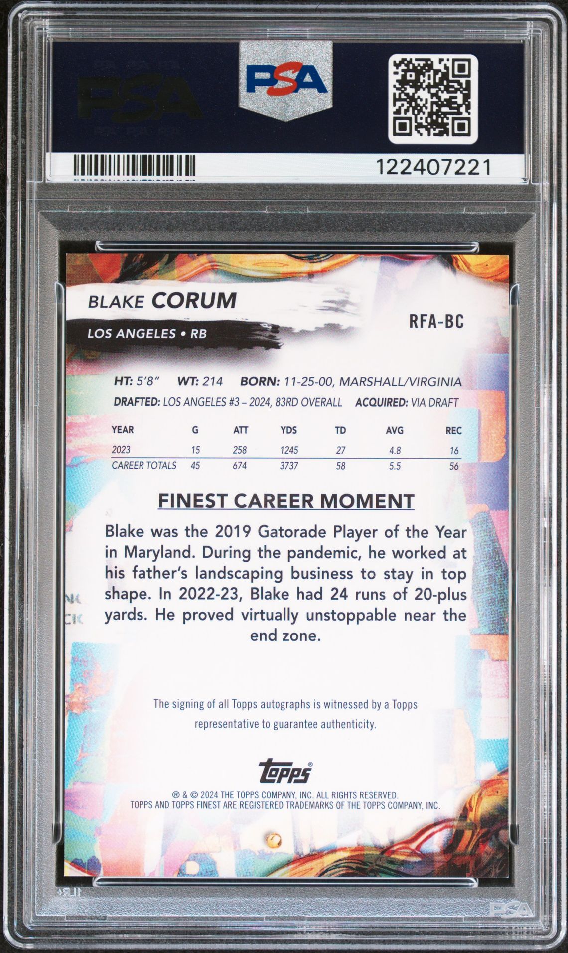 2024 Topps Finest Rookie Finest Autographs Blake Corum #Rfabc Mint 9 back