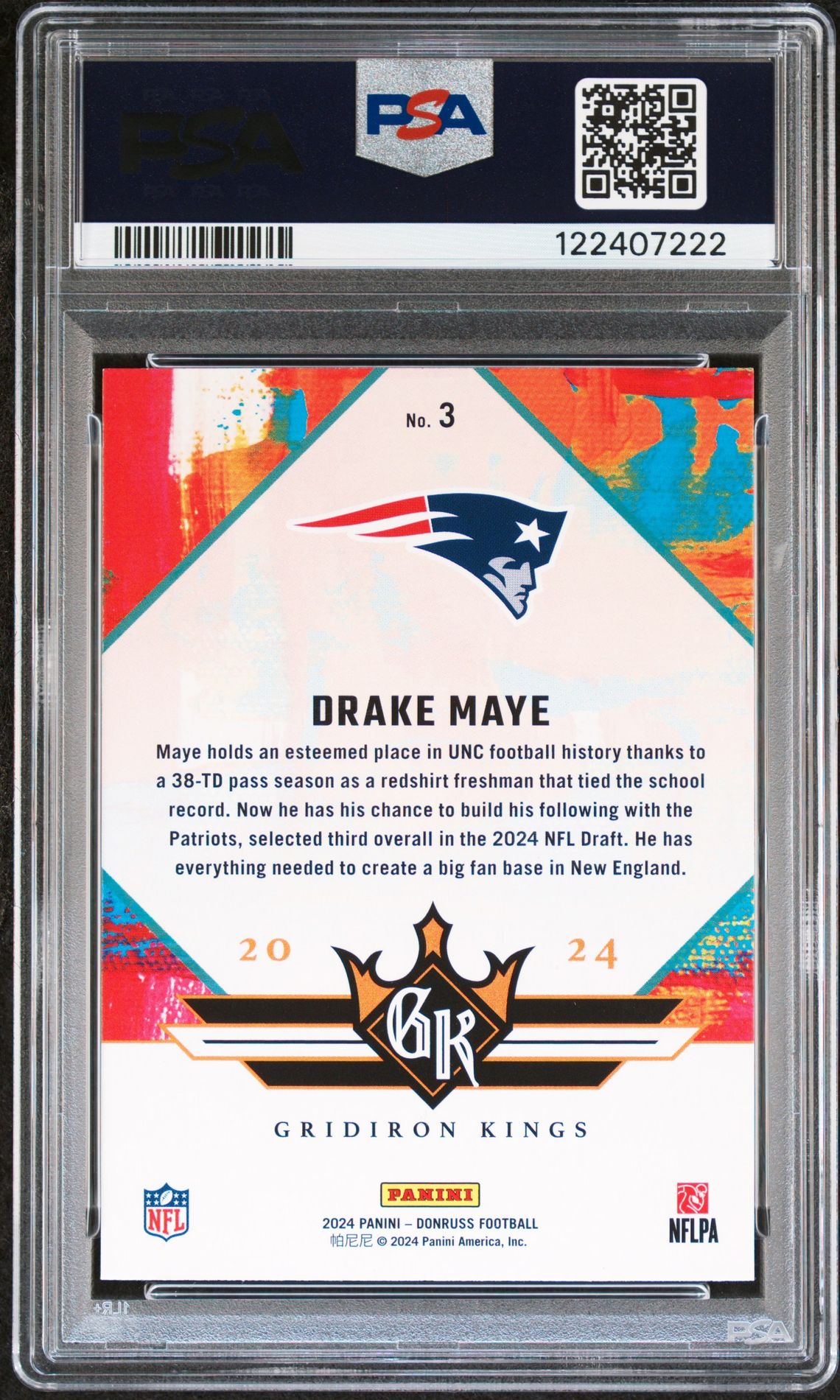 2024 Panini Donruss Rookie Gridiron Kings Drake Maye #3 Gem Mt 10 back