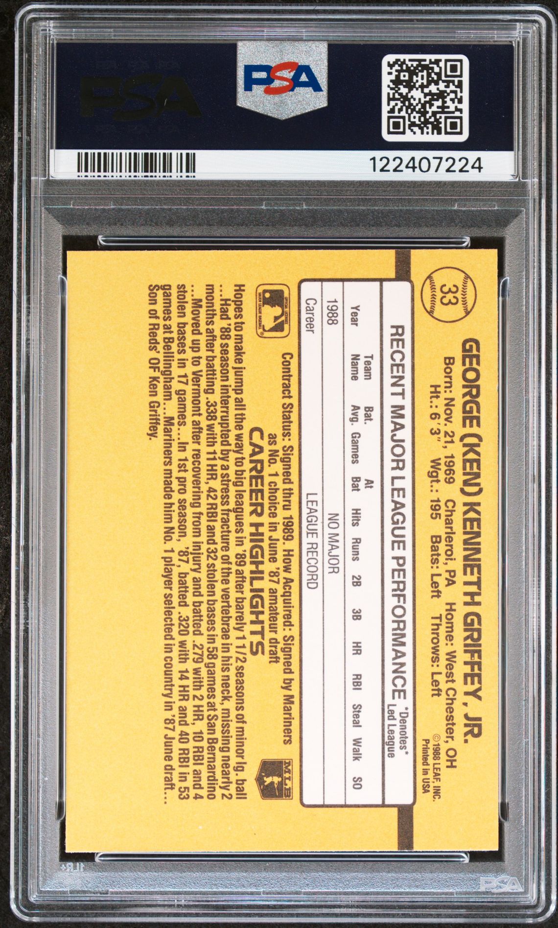 1989 Donruss Ken Griffey Jr. #33 Nm-Mt 8 back