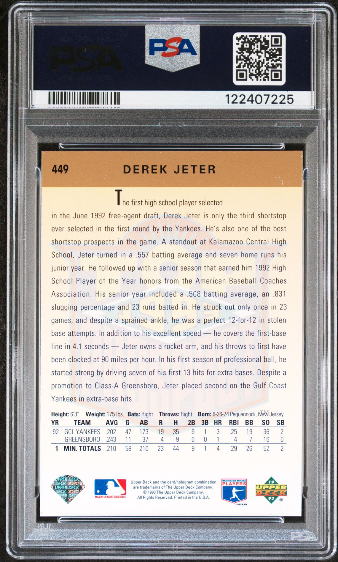 1993 Upper Deck Derek Jeter #449 Nm-Mt 8 back