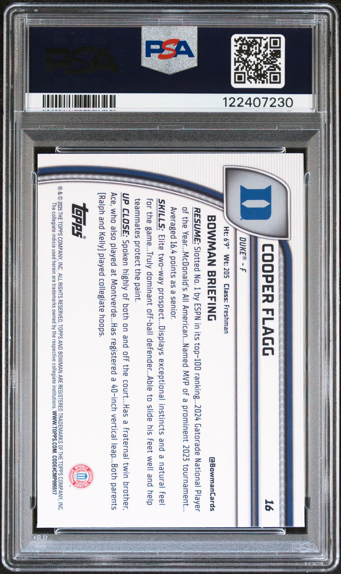 2024 Bowman Chrome University Cooper Flagg #16 (Purple Lava) Gem Mt 10 back