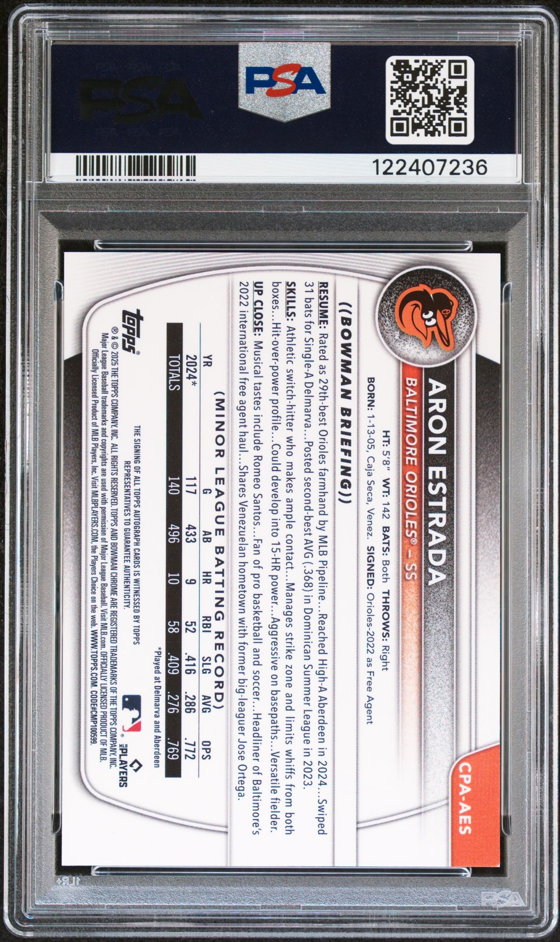 2025 Bowman Chrome Prospect Autographs Aron Estrada #Cpaaes (Chr Pros Auto-Green Lava) Gem Mt 10 back