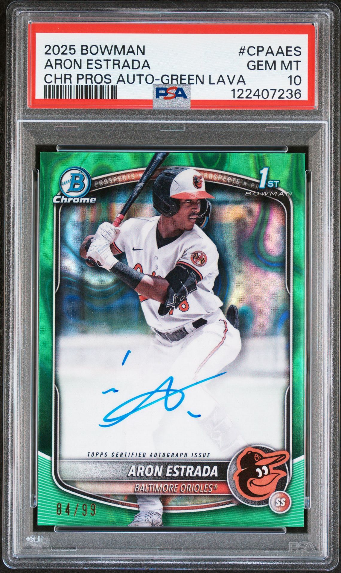 2025 Bowman Chrome Prospect Autographs Aron Estrada #Cpaaes (Chr Pros Auto-Green Lava) Gem Mt 10 front