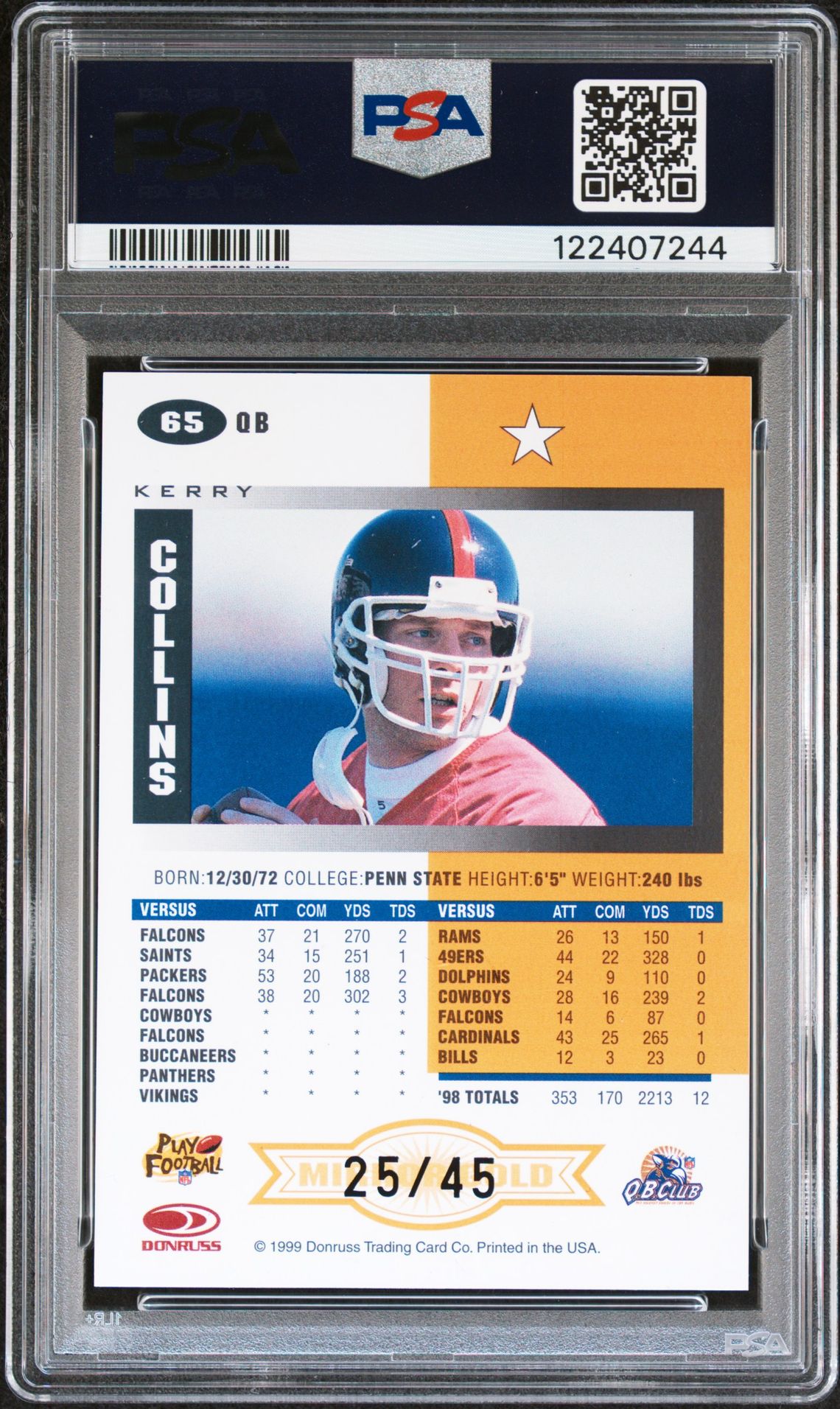 1999 Leaf Certified Kerry Collins #65 (1 Star-Mirror Gold) Nm-Mt 8 back
