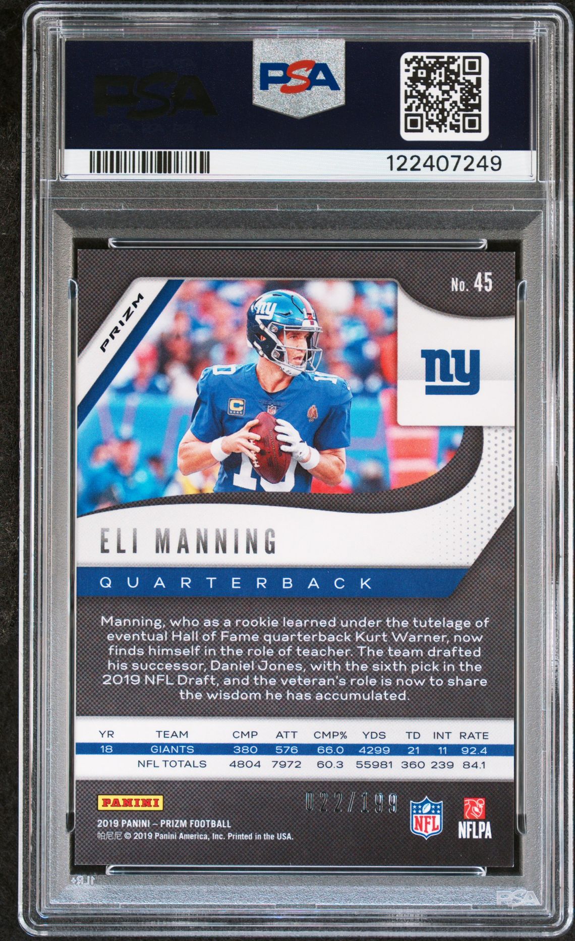 2019 Panini Prizm Eli Manning #45 (Blue Wave) Nm-Mt 8 back