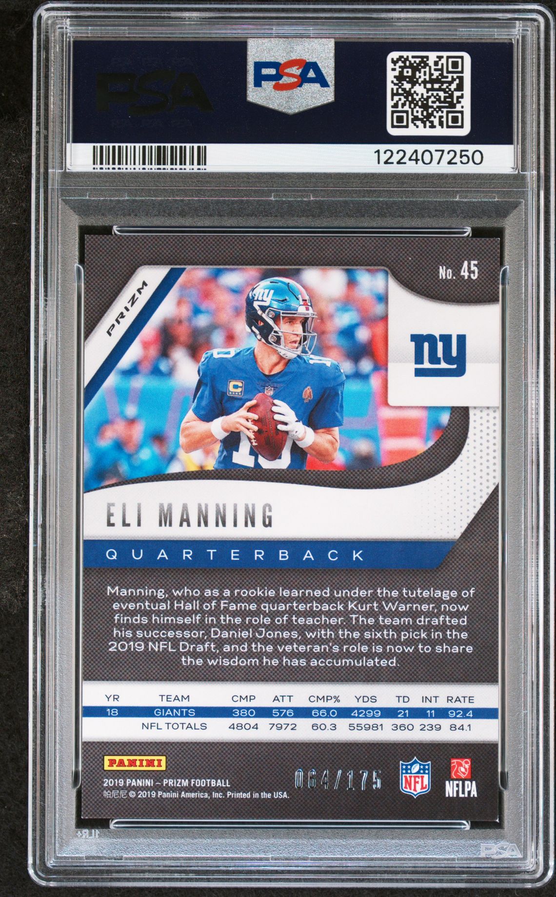 2019 Panini Prizm Eli Manning #45 (Hyper Prizm) Mint 9 back