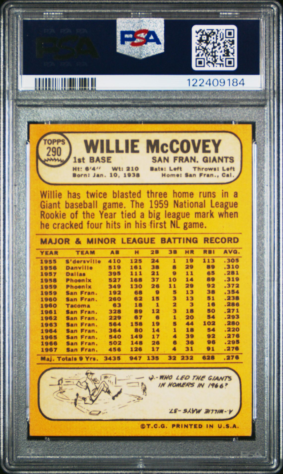 1968 Topps Willie Mccovey #290 Vg-Ex 4 back