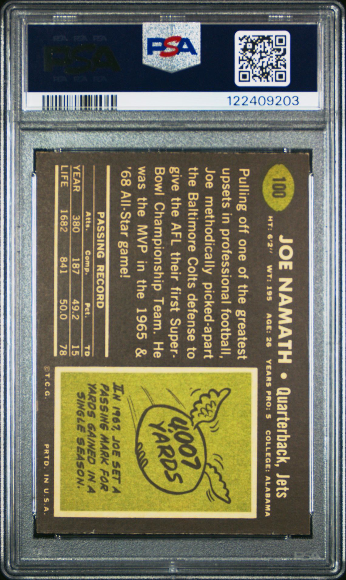 1969 Topps Joe Namath #100 Vg-Ex 4 back