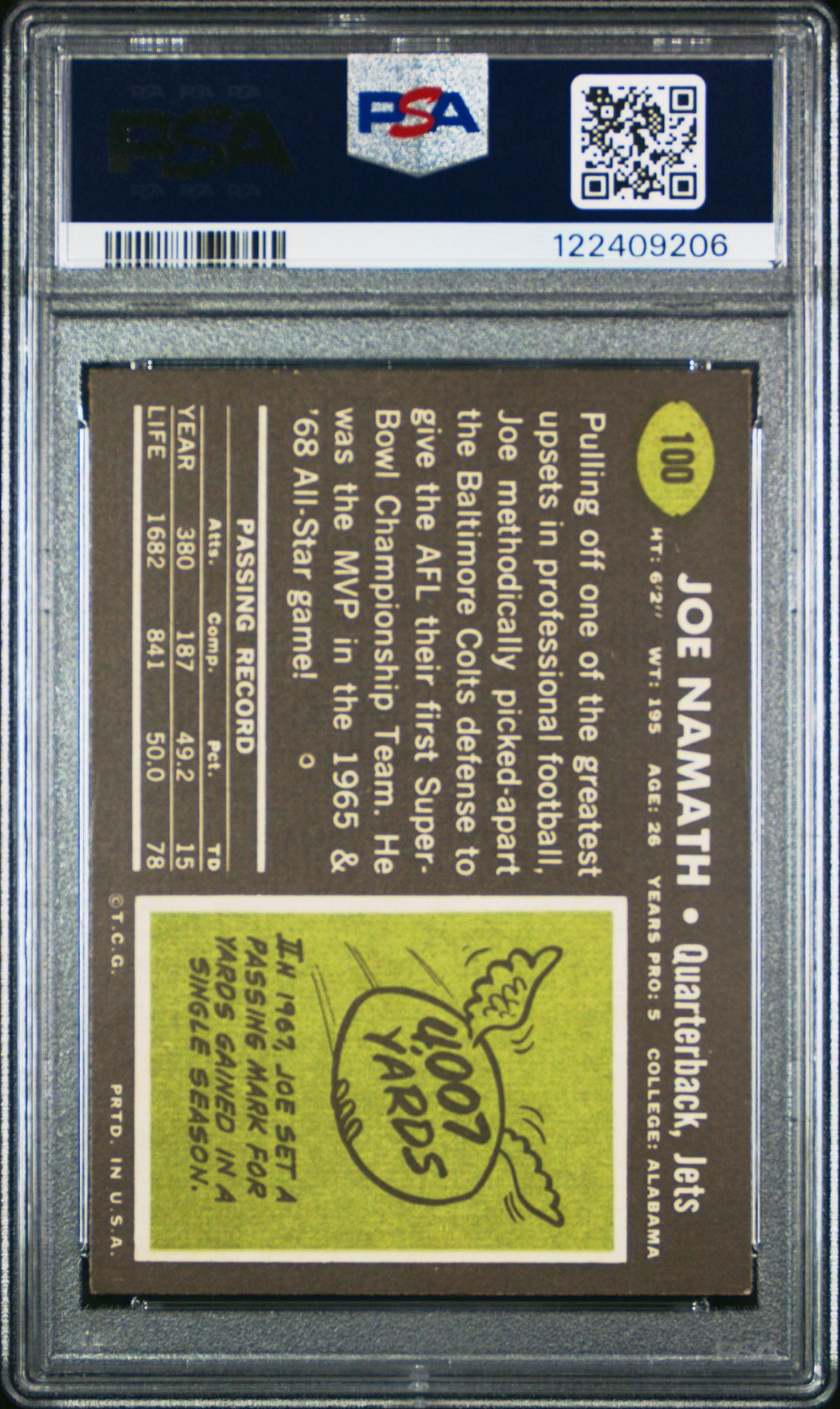 1969 Topps Joe Namath #100 Vg-Ex 4 back