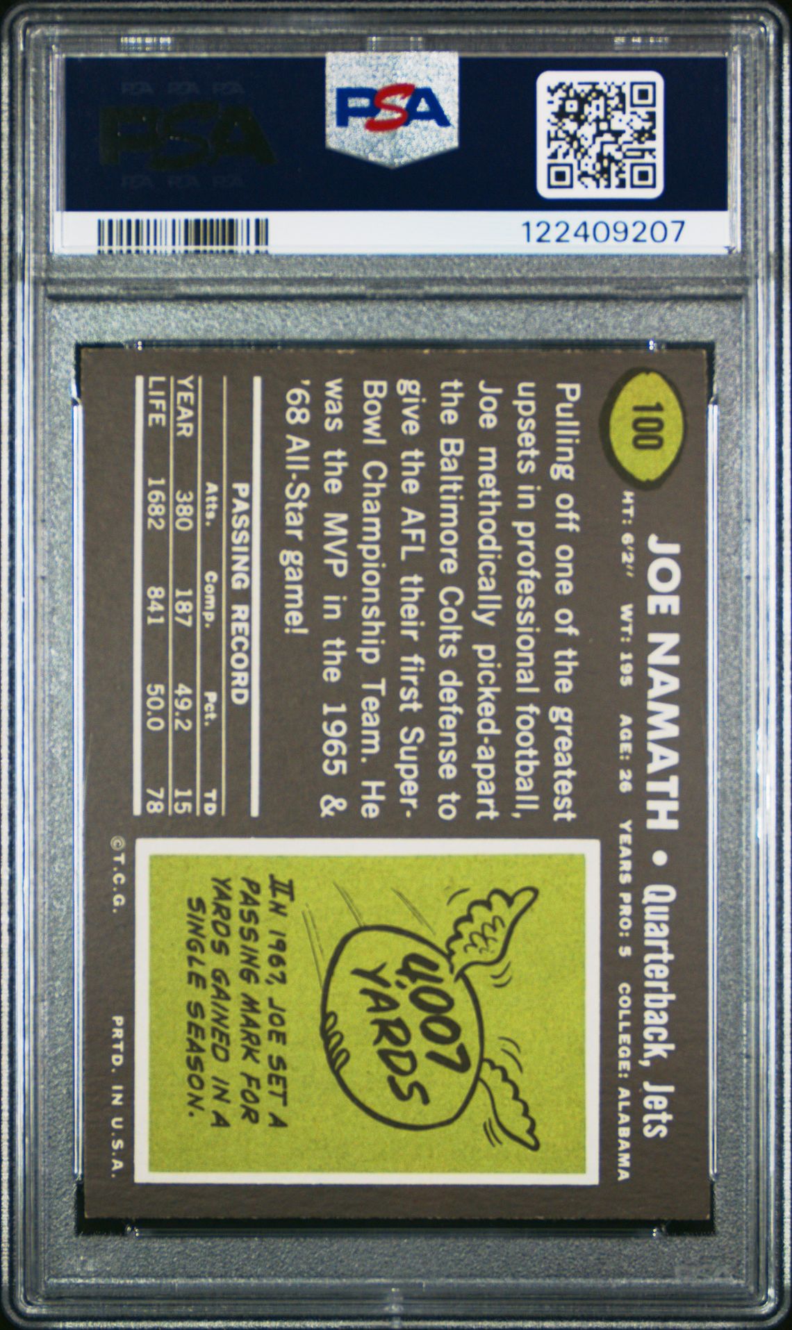 1969 Topps Joe Namath #100 Ex 5 back