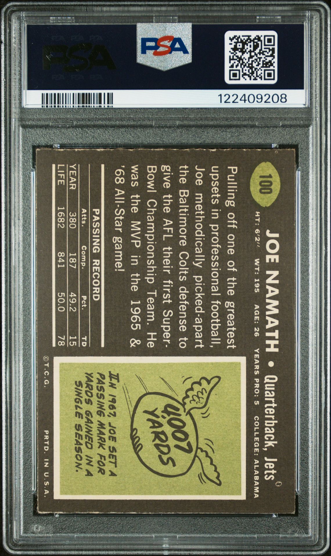 1969 Topps Joe Namath #100 Ex-Mt+ 6.5 back