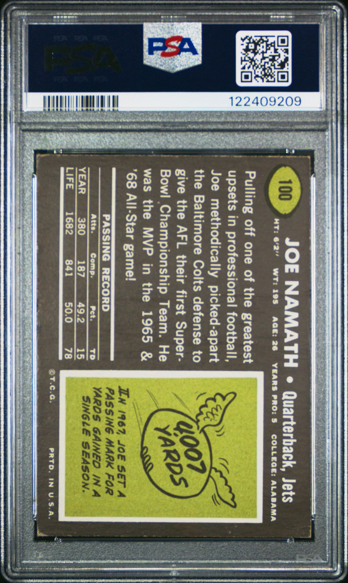 1969 Topps Joe Namath #100 Vg-Ex 4 back