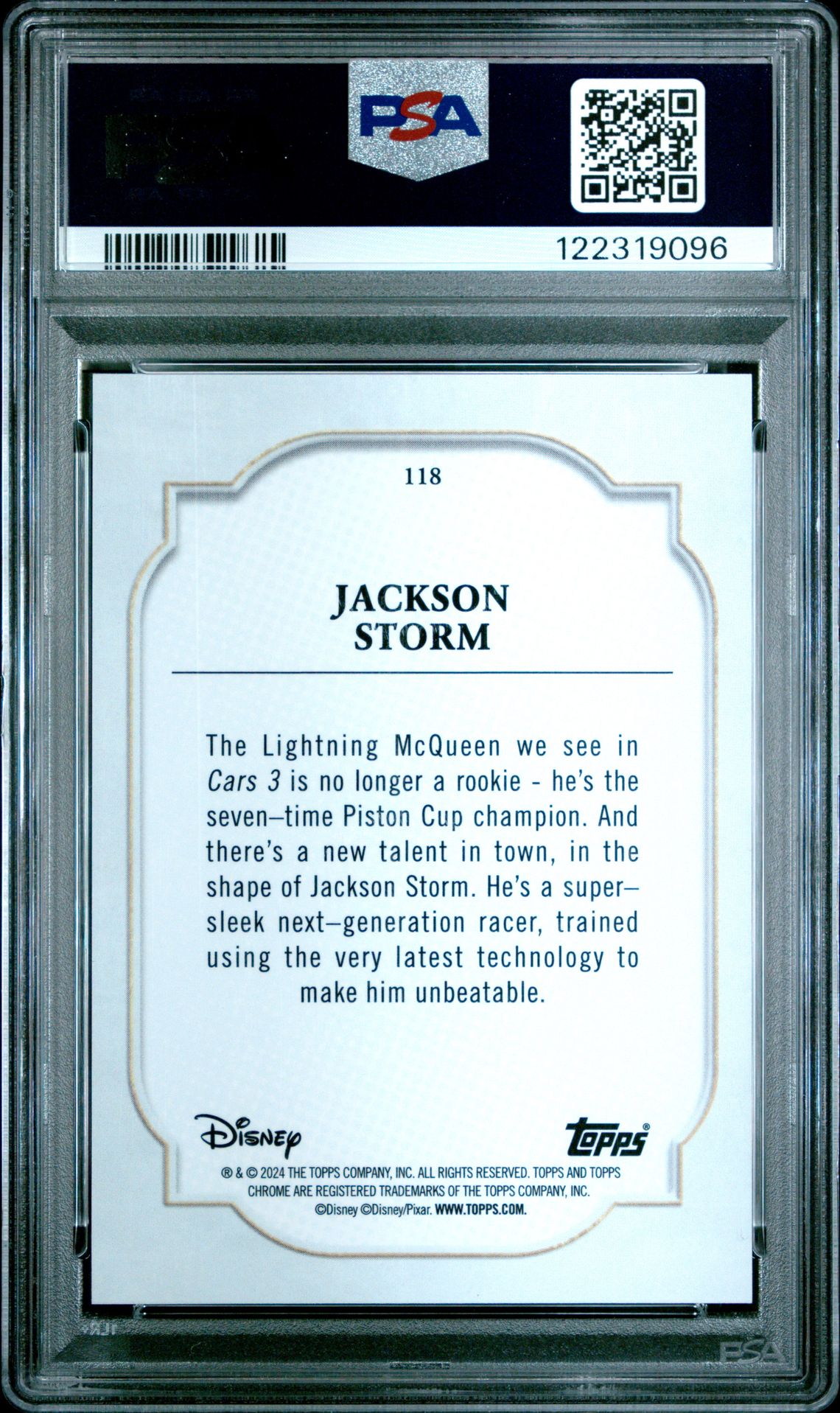2024 Topps Chrome Disney Sapphire Edition Jackson Storm #118 (Orange) Gem Mt 10 back