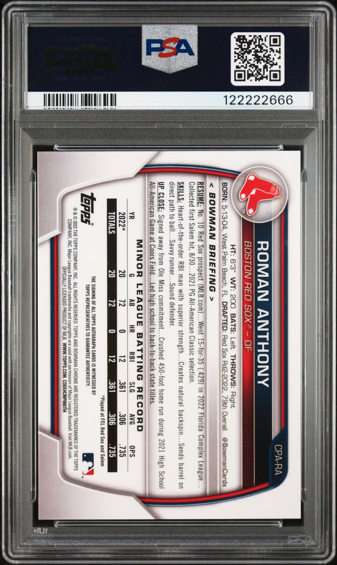 2023 Bowman Chrome Prospect Autographs Roman Anthony #Cpara (Chr.pros.au.-Speckle Ref) Gem Mt 10 back