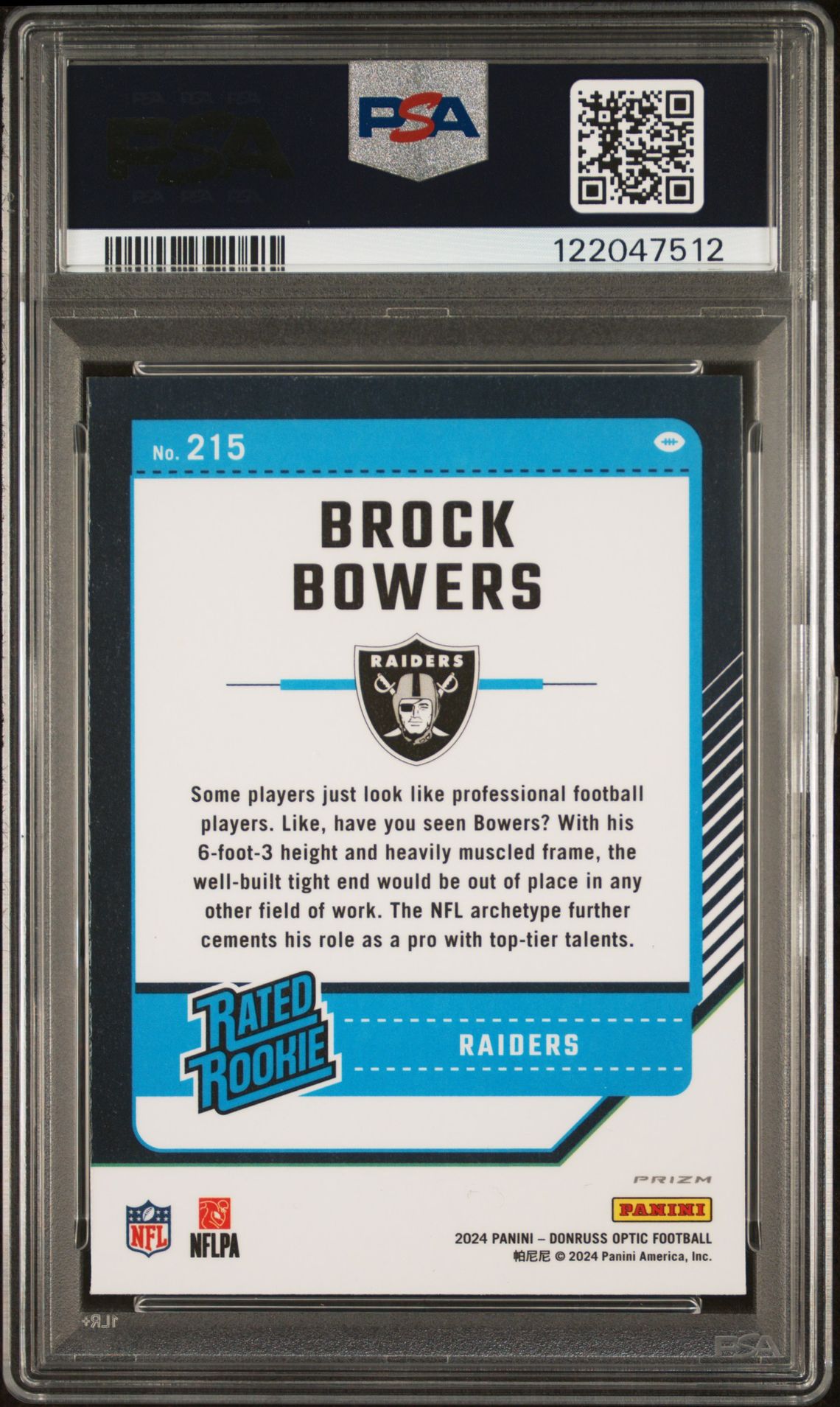 2024 Panini Donruss Optic Brock Bowers #215 (Blue Glitter) Mint 9 back