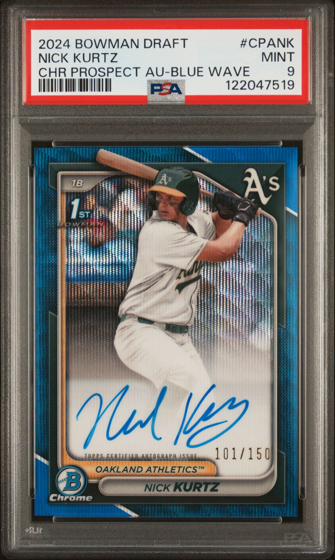 2024 Bowman Draft Chrome Prospect Autographs Nick Kurtz #Cpank (Chr Prospect Au-Blue Wave) Mint 9 front