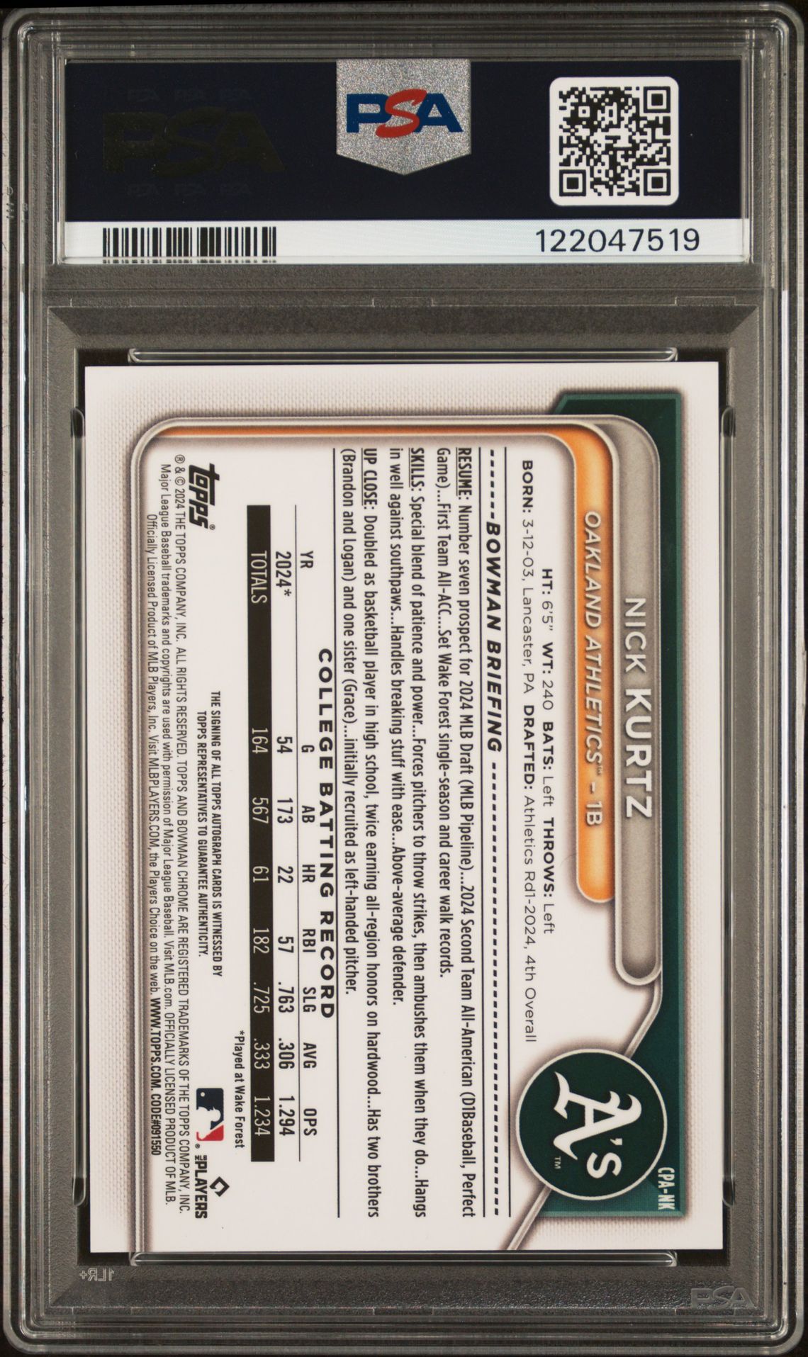 2024 Bowman Draft Chrome Prospect Autographs Nick Kurtz #Cpank (Chr Prospect Au-Blue Wave) Mint 9 back