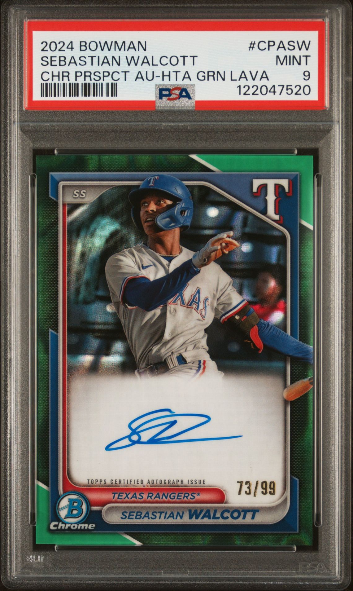 2024 Bowman Chrome Prospect Autographs Sebastian Walcott #Cpasw (Chr Prspct Au-Hta Grn Lava) Mint 9 front