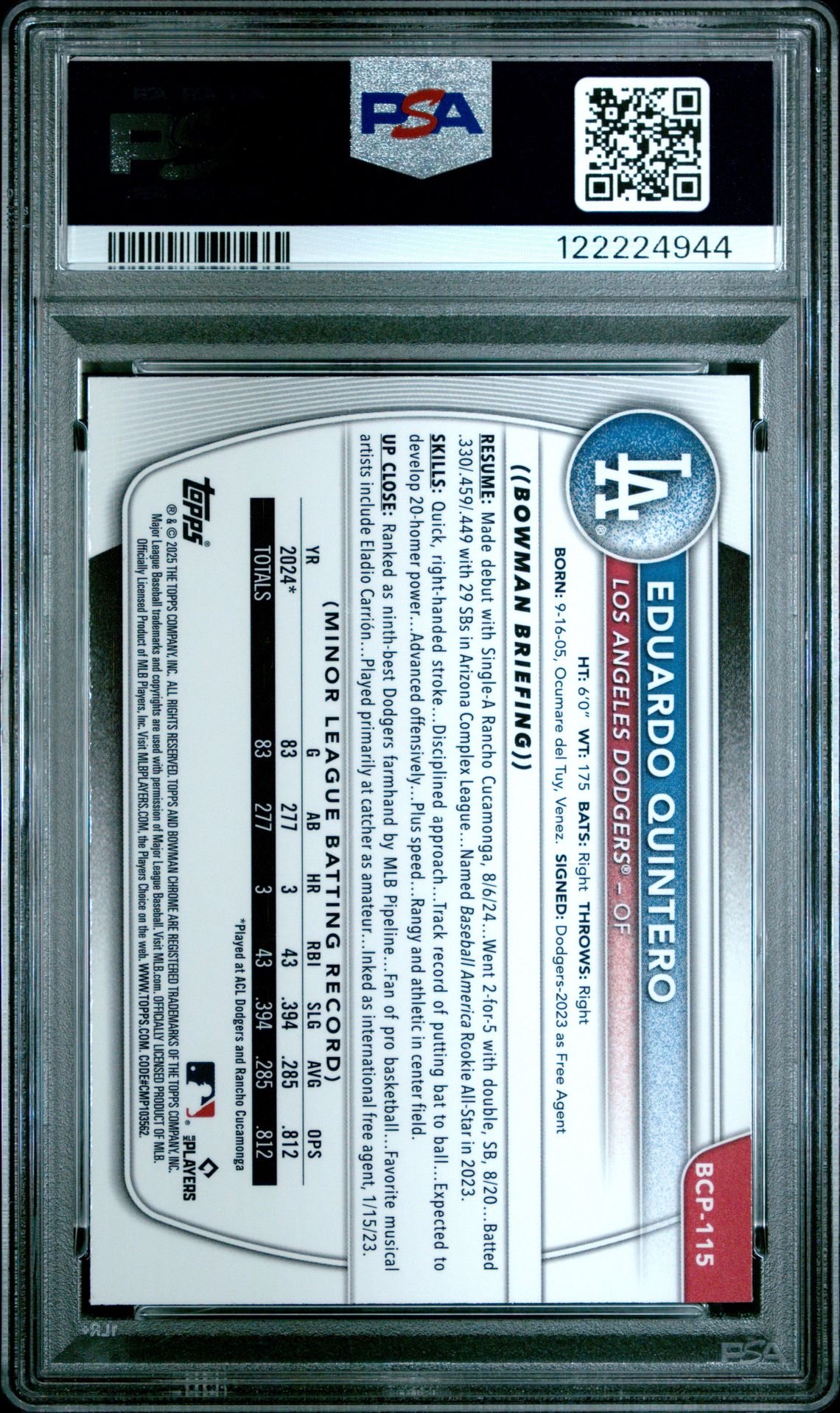 2025 Bowman Mega Box Chrome Prospects Eduardo Quintero #115 (Prospects-Yellow Ref) Gem Mt 10 back