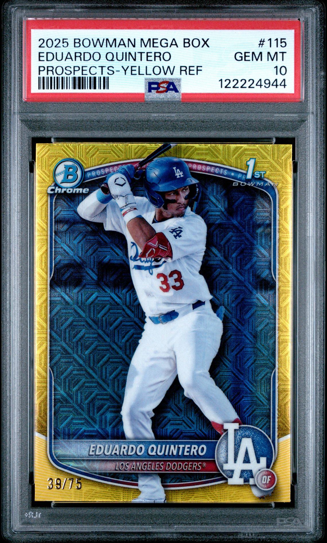 2025 Bowman Mega Box Chrome Prospects Eduardo Quintero #115 (Prospects-Yellow Ref) Gem Mt 10 front