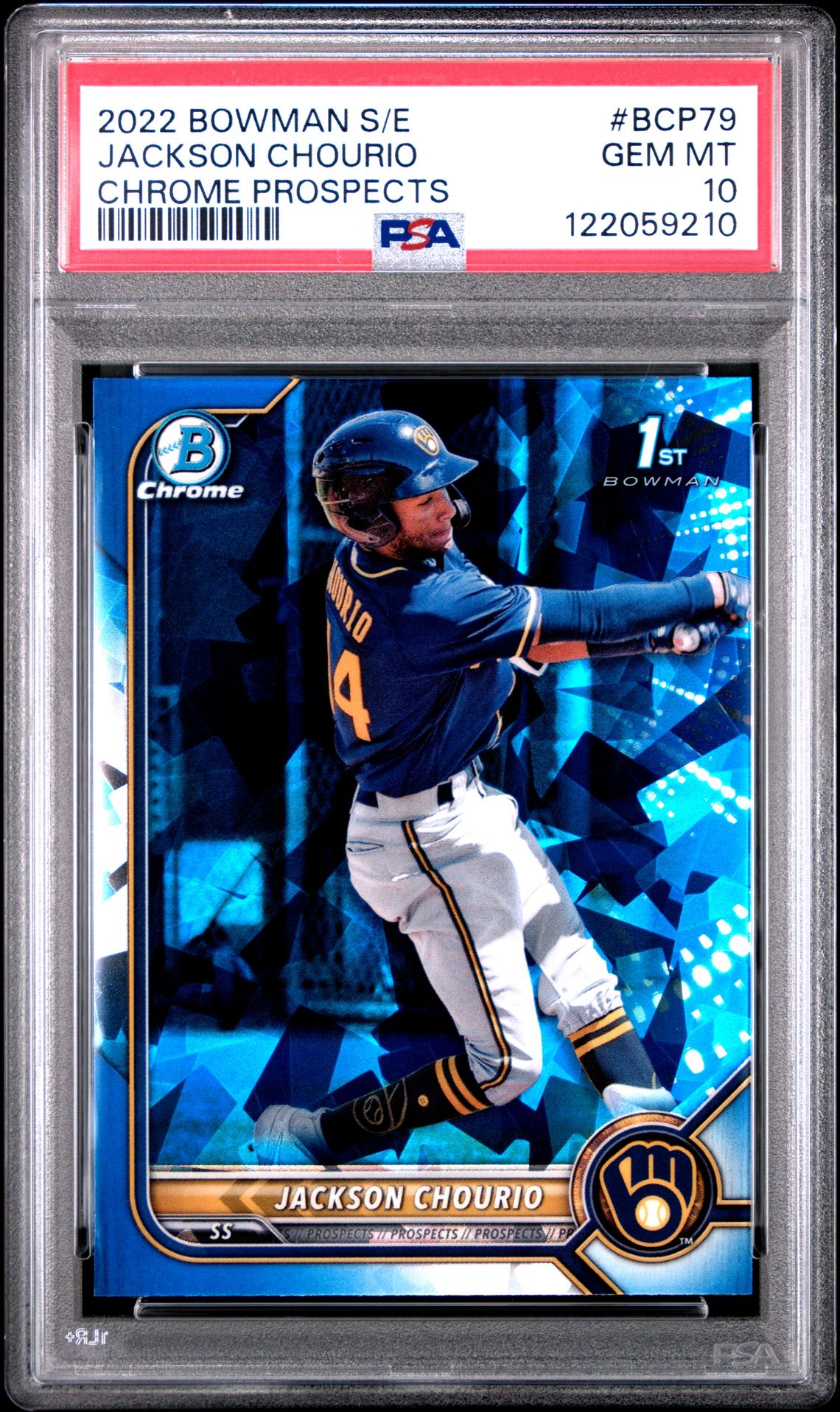 2022 Bowman Sapphire Edition Chrome Prospects Jackson Chourio #Bcp79 (Chrome Prospects) Gem Mt 10 front