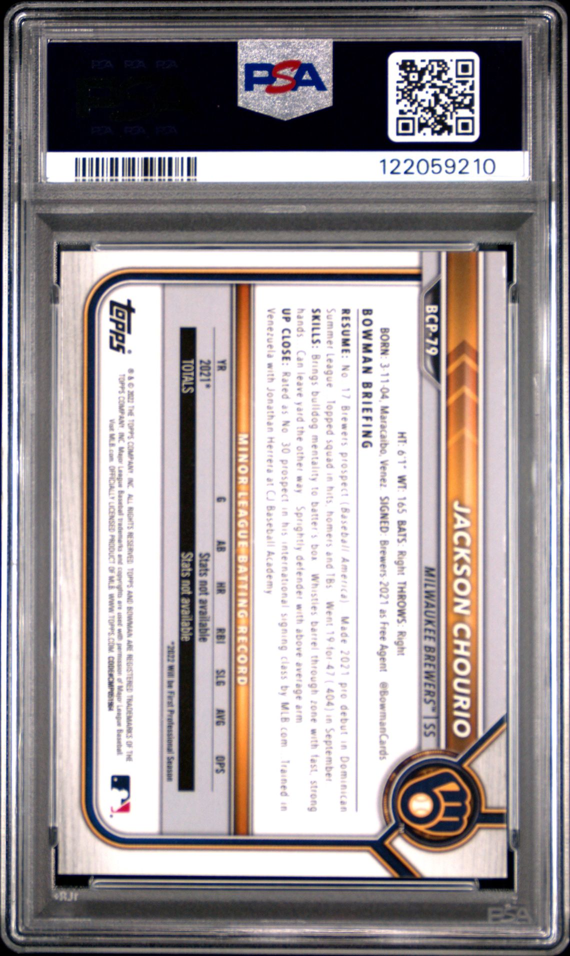 2022 Bowman Sapphire Edition Chrome Prospects Jackson Chourio #Bcp79 (Chrome Prospects) Gem Mt 10 back