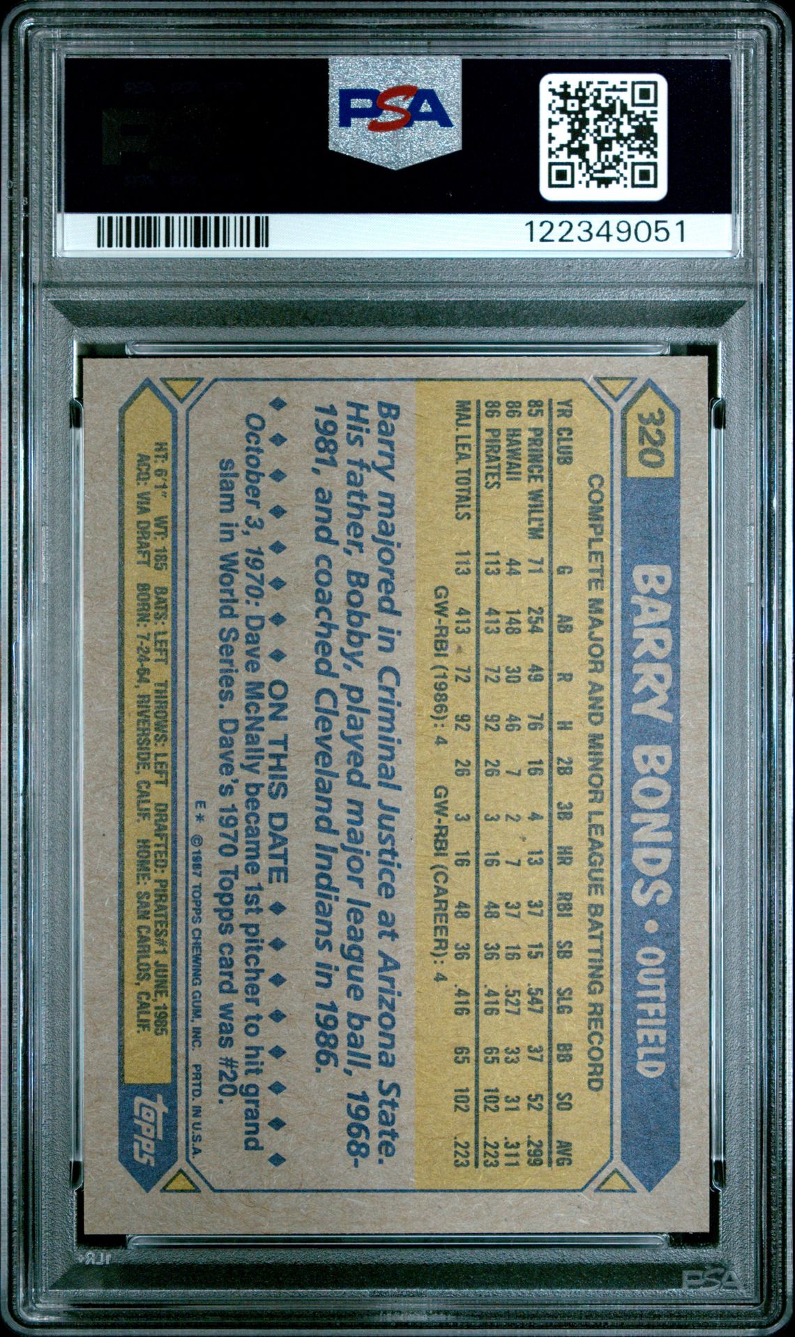 1987 Topps Barry Bonds #320 Mint 9 back