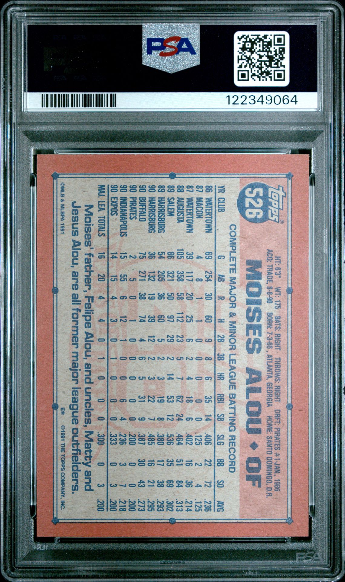 1991 Topps Moises Alou #526 Nm-Mt 8 back