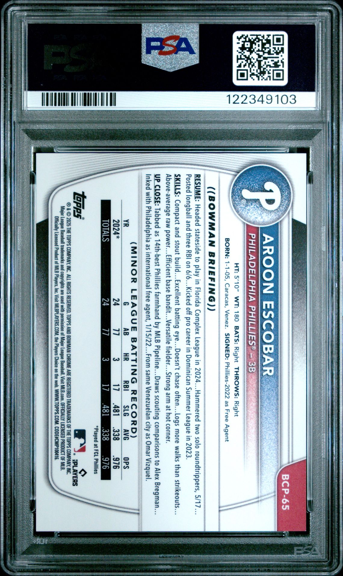 2025 Bowman Chrome Prospects Aroon Escobar #Bcp65 (Chrome Pros-Purple Ref) Gem Mt 10 back