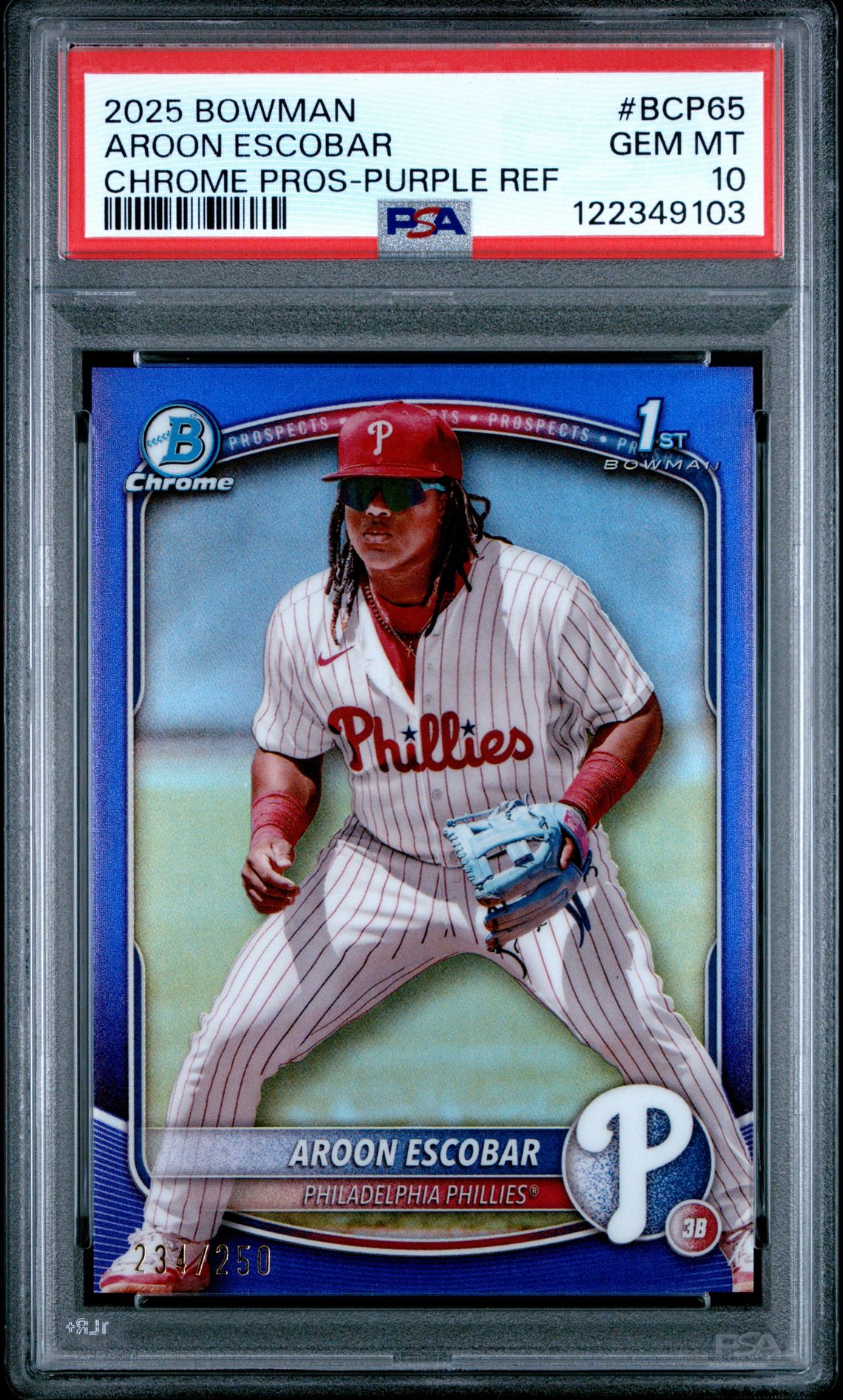 2025 Bowman Chrome Prospects Aroon Escobar #Bcp65 (Chrome Pros-Purple Ref) Gem Mt 10 front