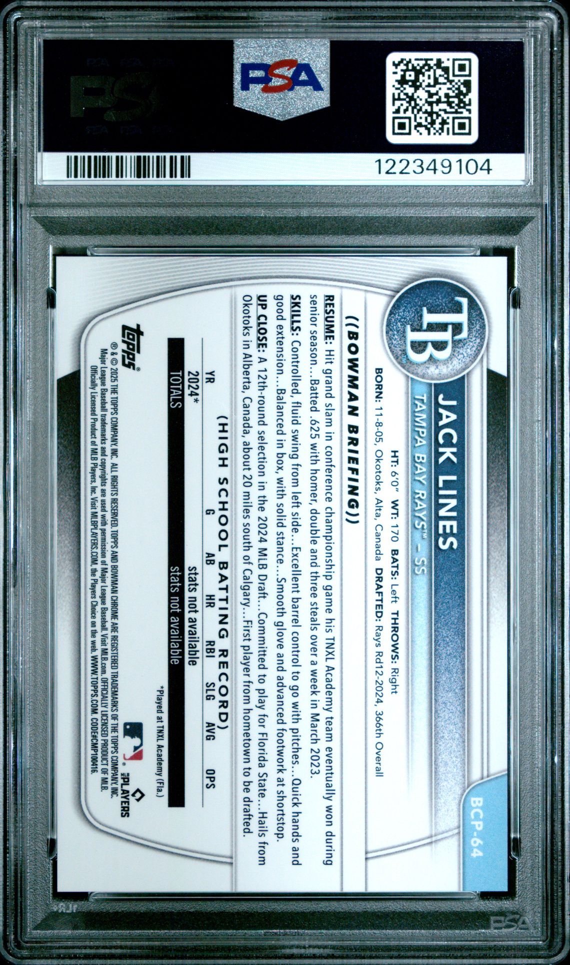 2025 Bowman Chrome Prospects Jack Lines #Bcp64 (Chrome Pros-Speckle Ref) Gem Mt 10 back