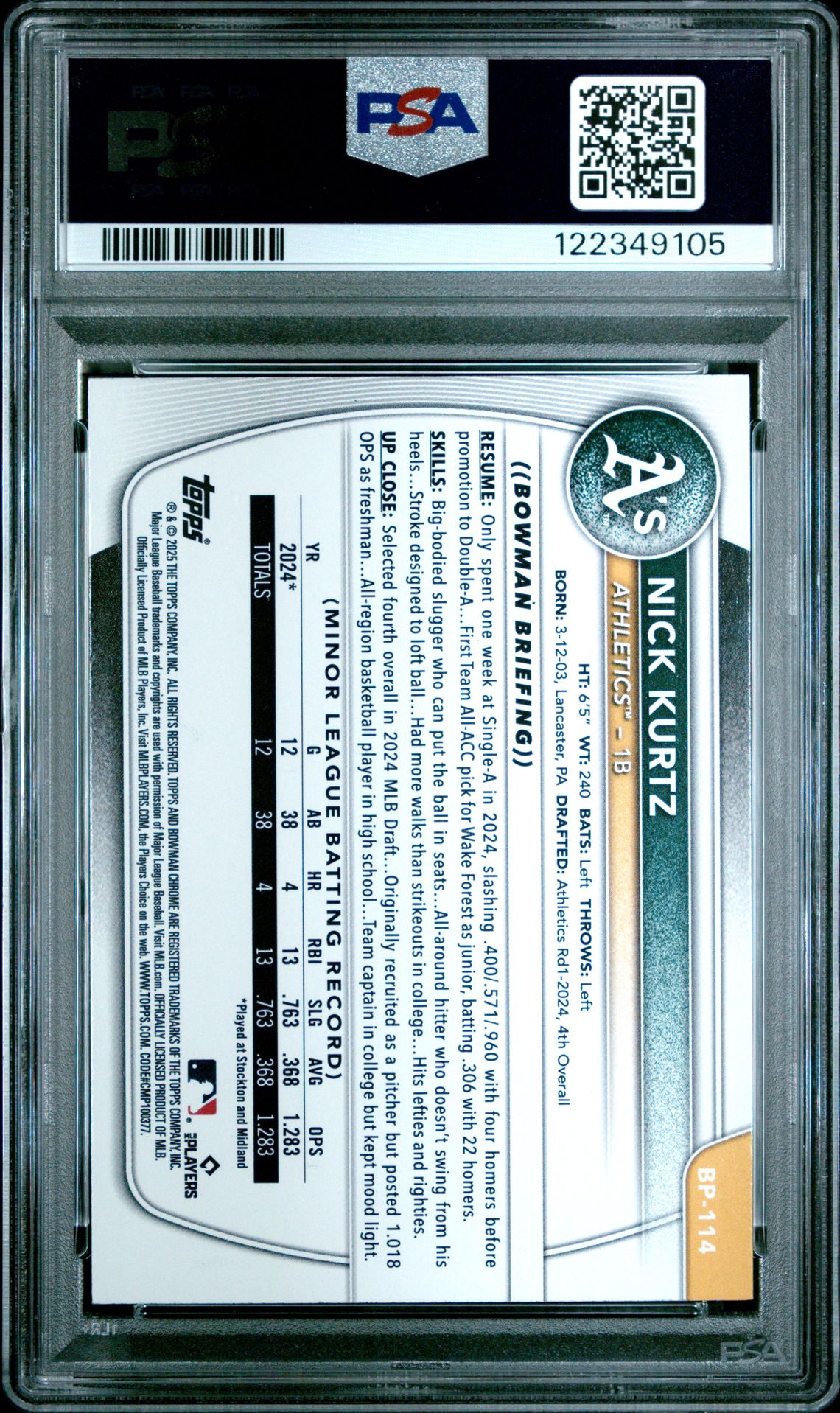 2025 Bowman Paper Prospects Nick Kurtz #Bp114 (Paper Prospects-Purple) Nm-Mt 8 back