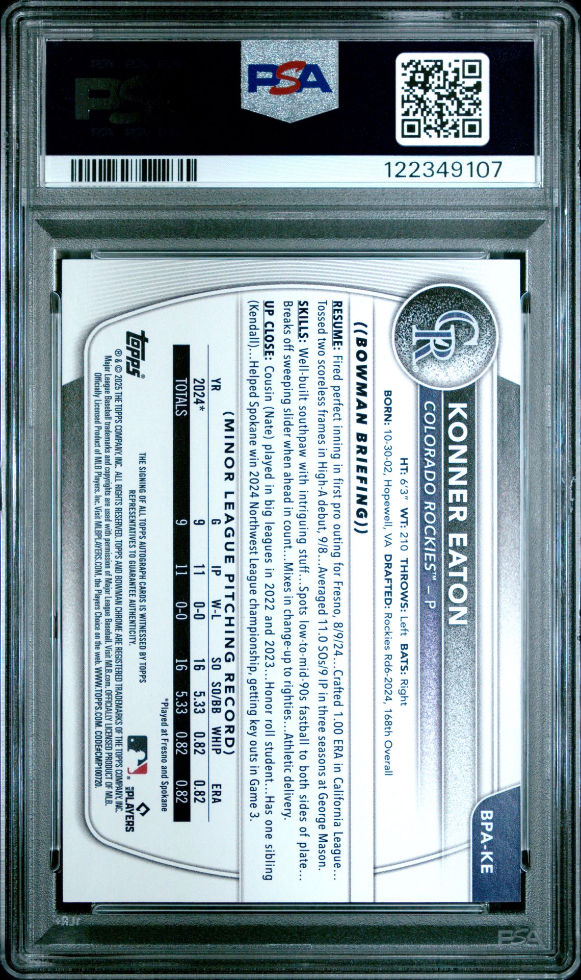 2025 Bowman Bowman Prospect Autographs Konner Eaton #Bpake (Bowman Prospect Au-Orange) Mint 9 back