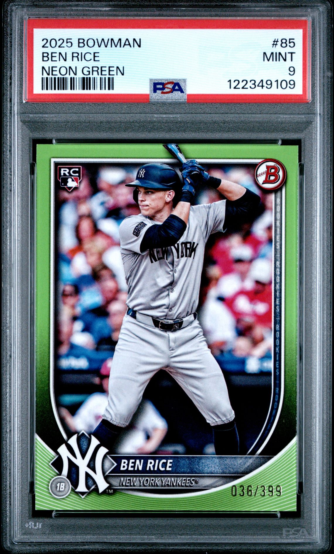 2025 Bowman Ben Rice #85 (Neon Green) Mint 9 front