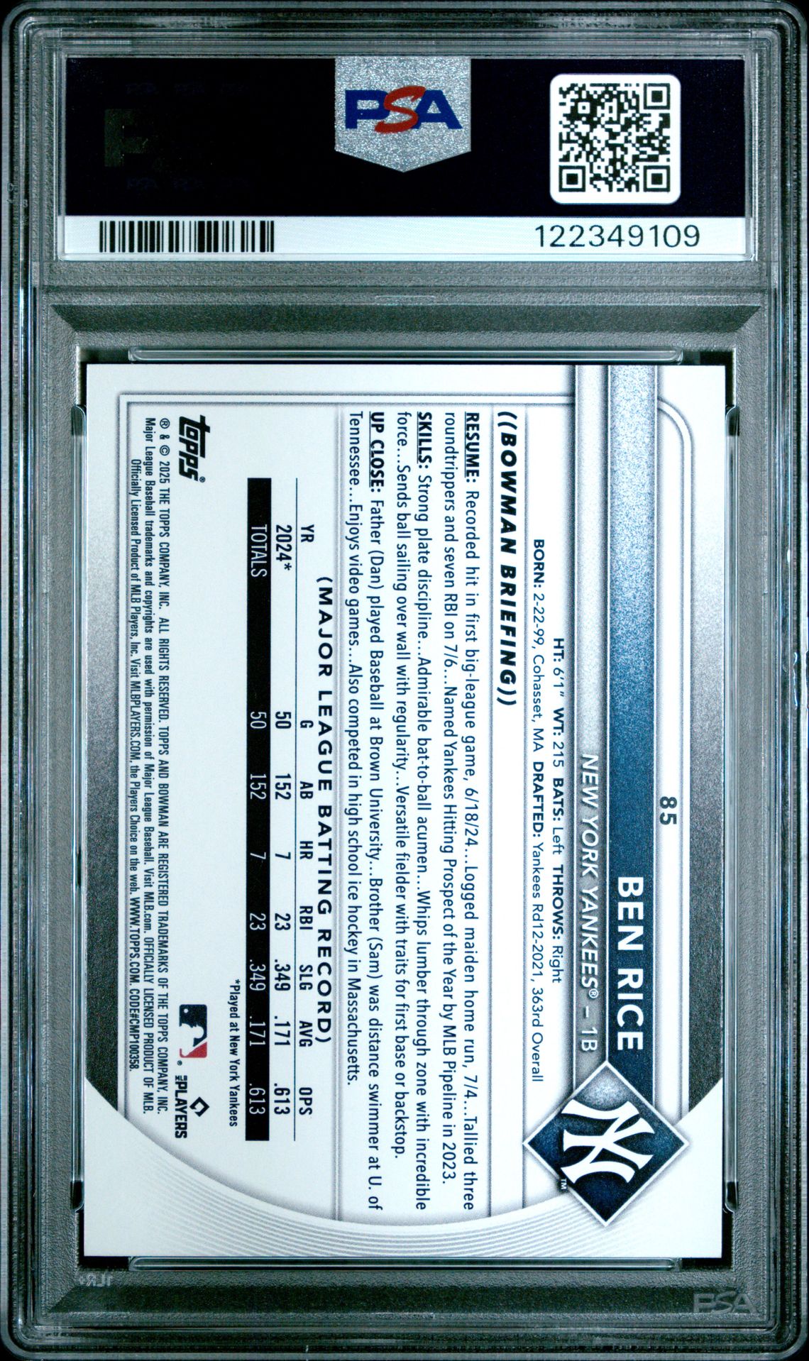 2025 Bowman Ben Rice #85 (Neon Green) Mint 9 back