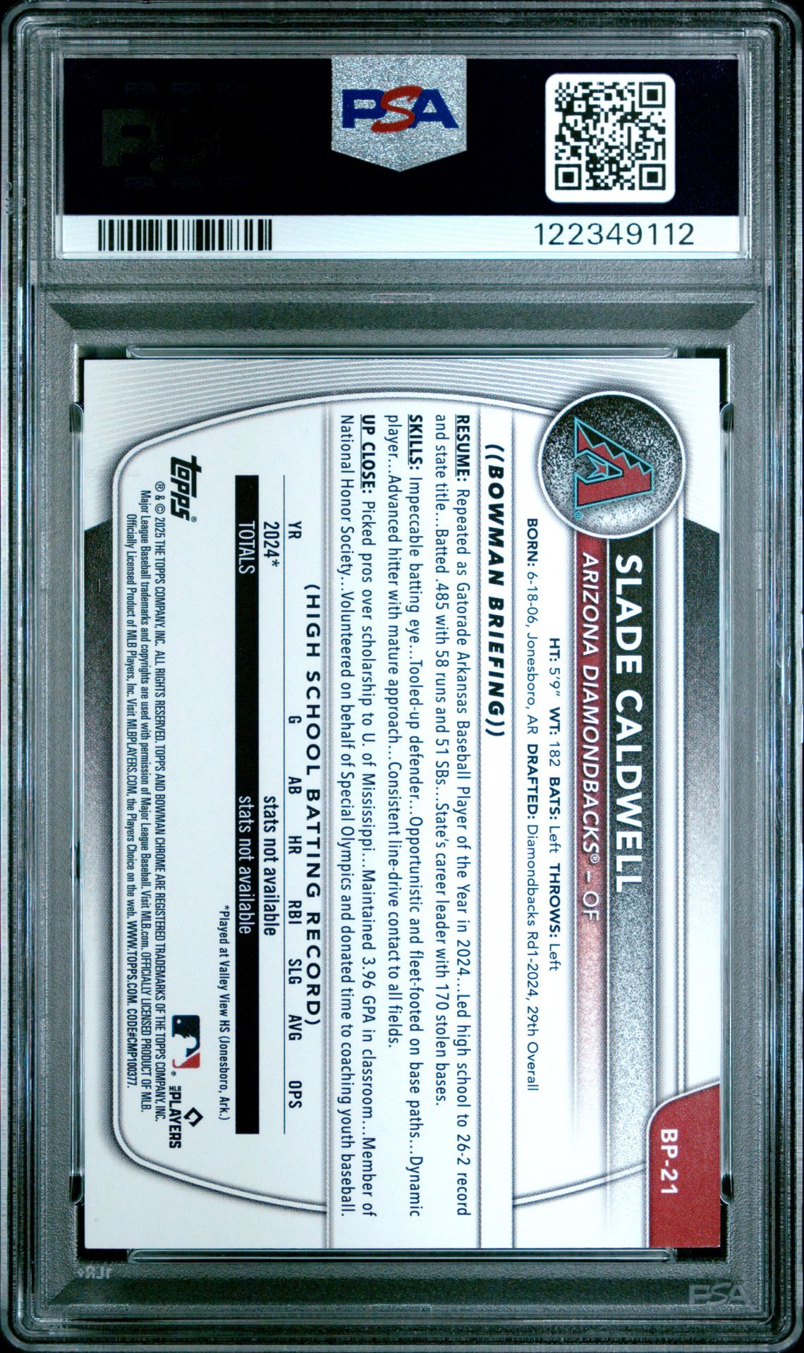 2025 Bowman Paper Prospects Slade Caldwell #Bp21 (Paper Prospects-Yellow) Mint 9 back