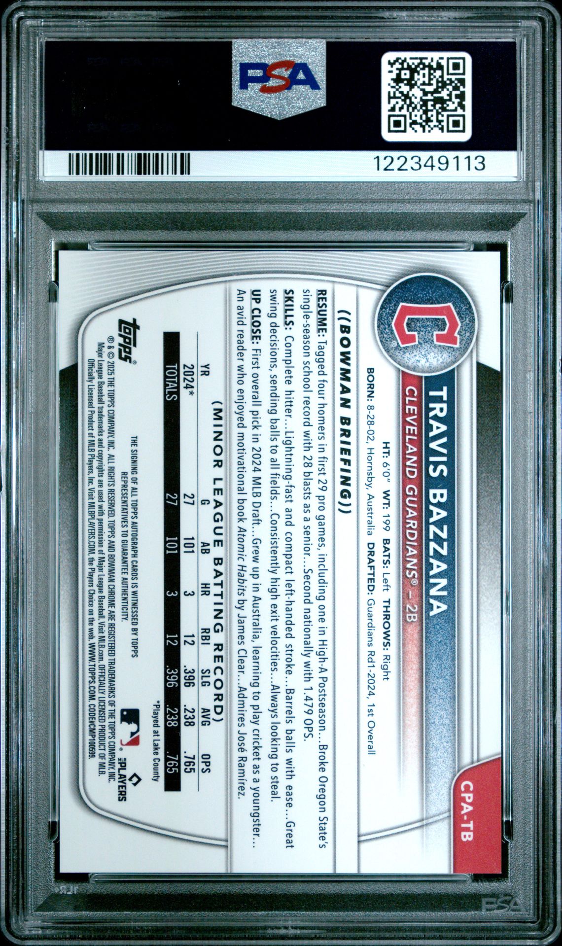 2025 Bowman Chrome Prospect Autographs Travis Bazzana #Cpatb (Chrome Pros Au-Green Grass) Mint 9 back