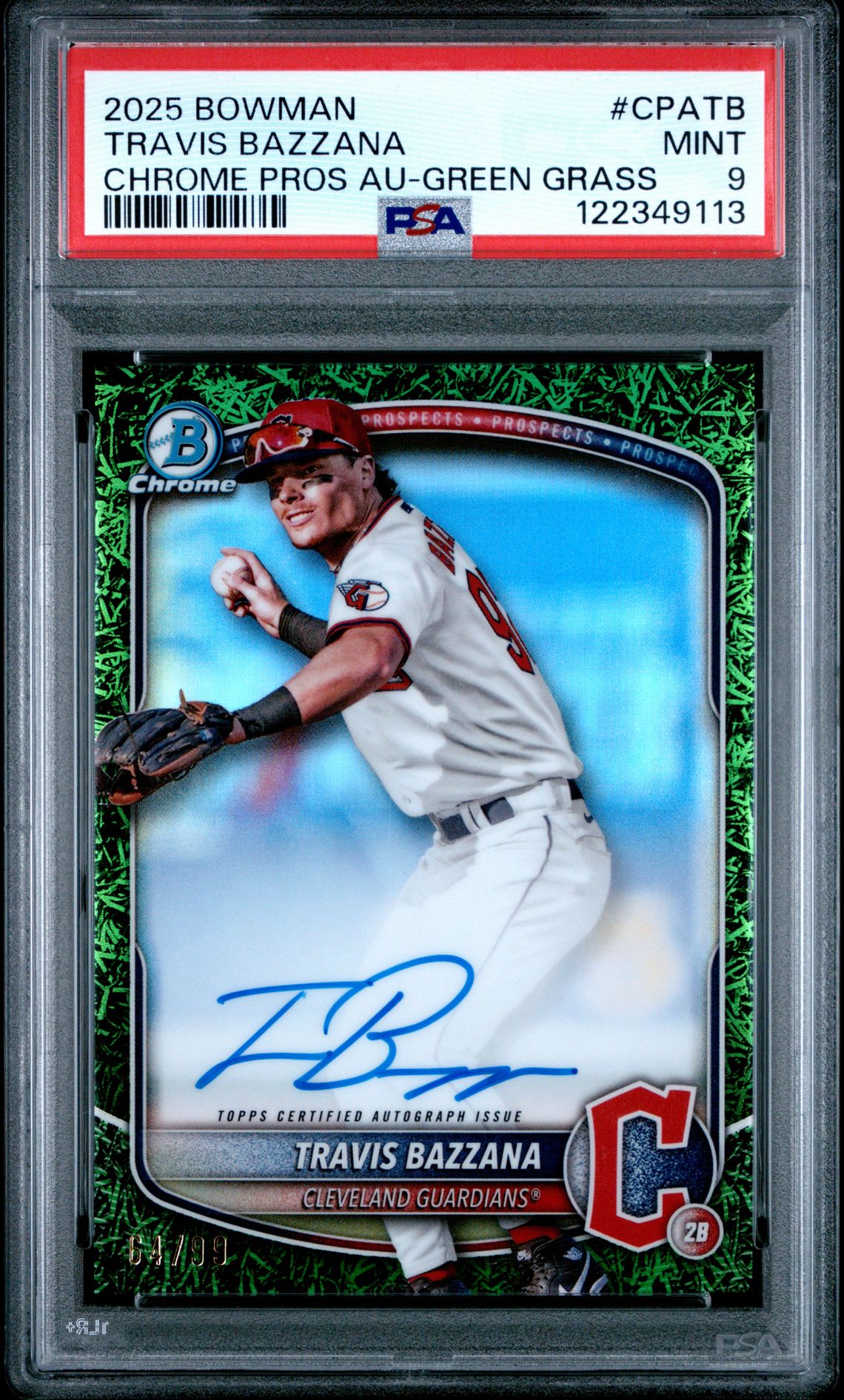 2025 Bowman Chrome Prospect Autographs Travis Bazzana #Cpatb (Chrome Pros Au-Green Grass) Mint 9 front