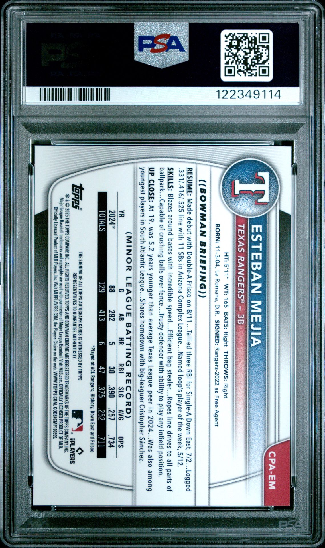 2025 Bowman Chrome Prospect Autographs Esteban Mejia #Cpaem Gem Mt 10 back