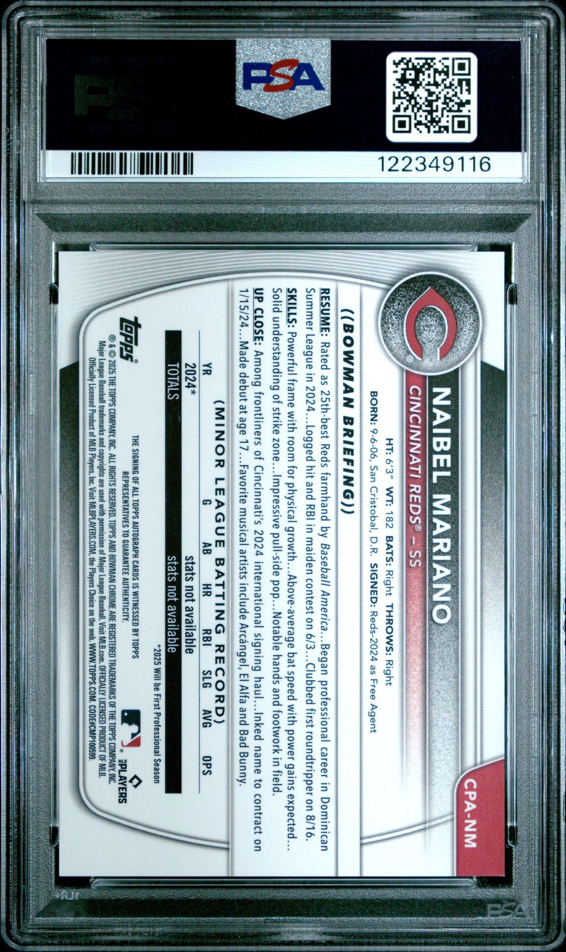 2025 Bowman Chrome Prospect Autographs Naibel Mariano #Cpanm Mint 9 back