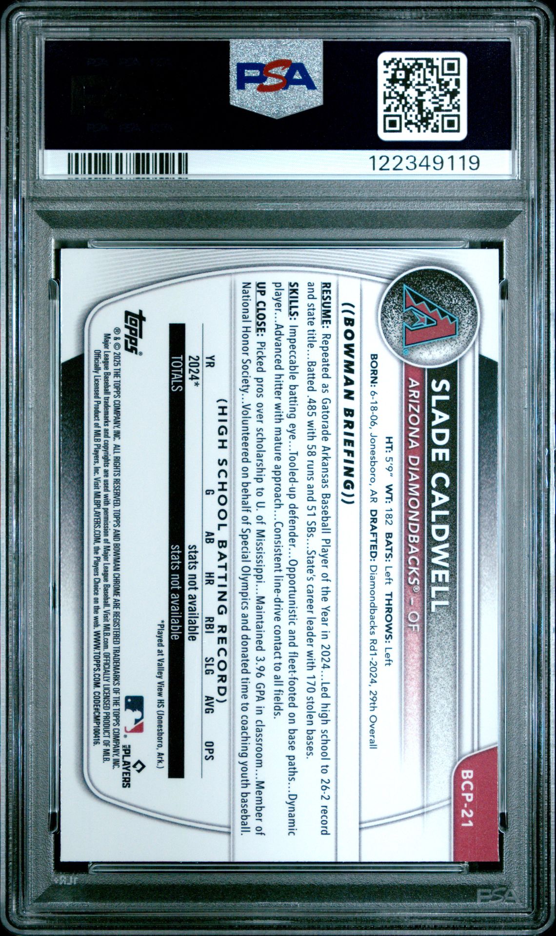 2025 Bowman Chrome Prospects Slade Caldwell #Bcp21 (Chrome Pros-Reptilian Ref) Mint 9 back