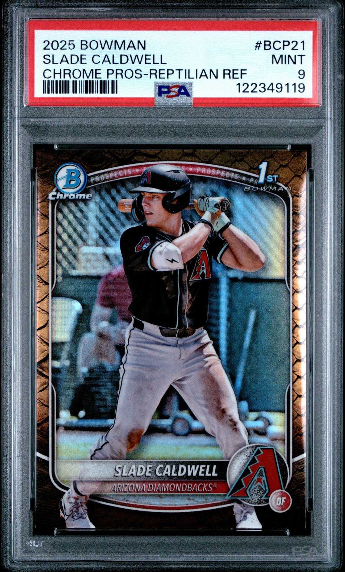 2025 Bowman Chrome Prospects Slade Caldwell #Bcp21 (Chrome Pros-Reptilian Ref) Mint 9 front