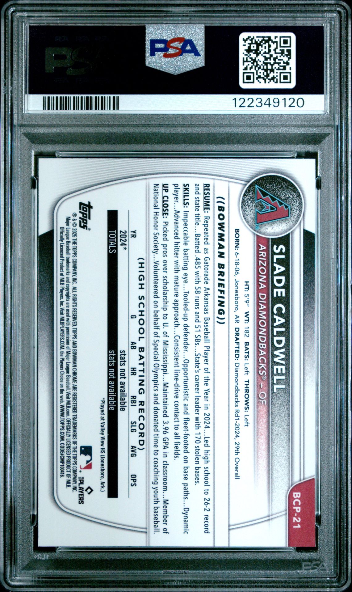 2025 Bowman Chrome Prospects Slade Caldwell #Bcp21 (Chrome Pros-Reptilian Ref) Gem Mt 10 back