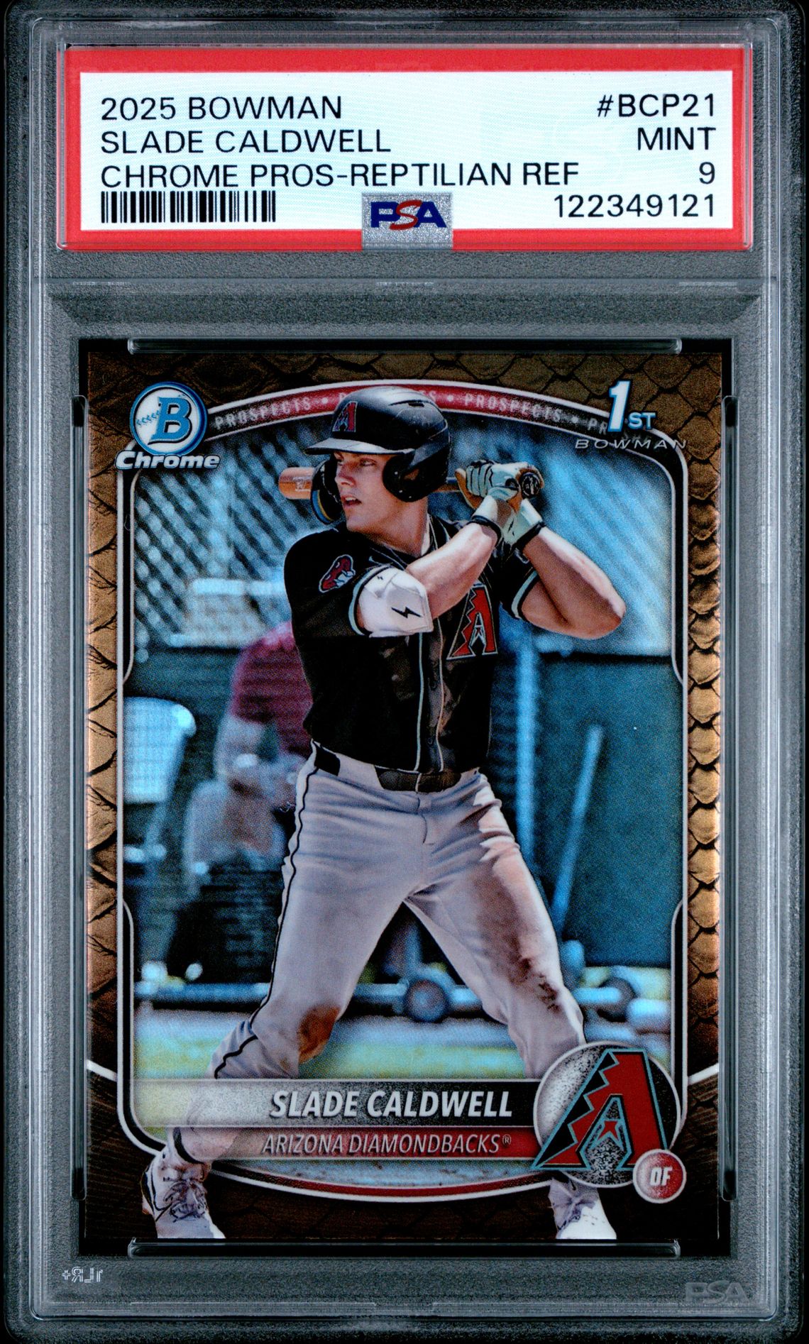 2025 Bowman Chrome Prospects Slade Caldwell #Bcp21 (Chrome Pros-Reptilian Ref) Mint 9 front