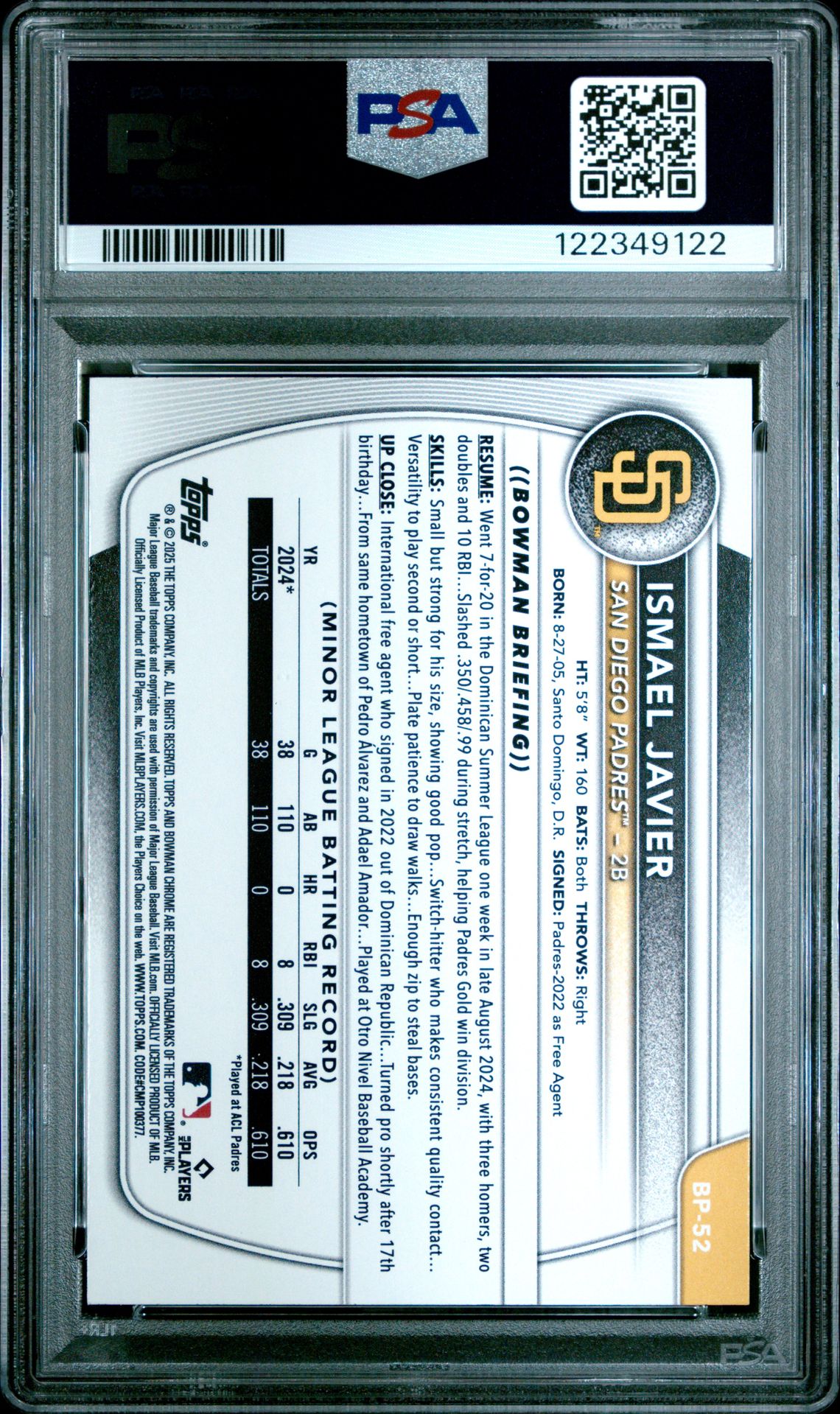 2025 Bowman Paper Prospects Ismael Javier #Bp52 (Paper Prospects-Sky Blue) Nm-Mt 8 back